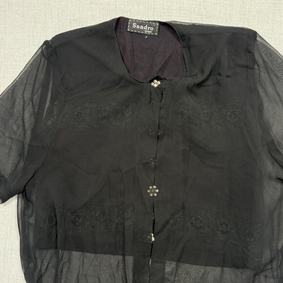Vintage Sandro Paris Sheer Floral Embroidered Top Black Short Sleeves - Picture 8 of 14